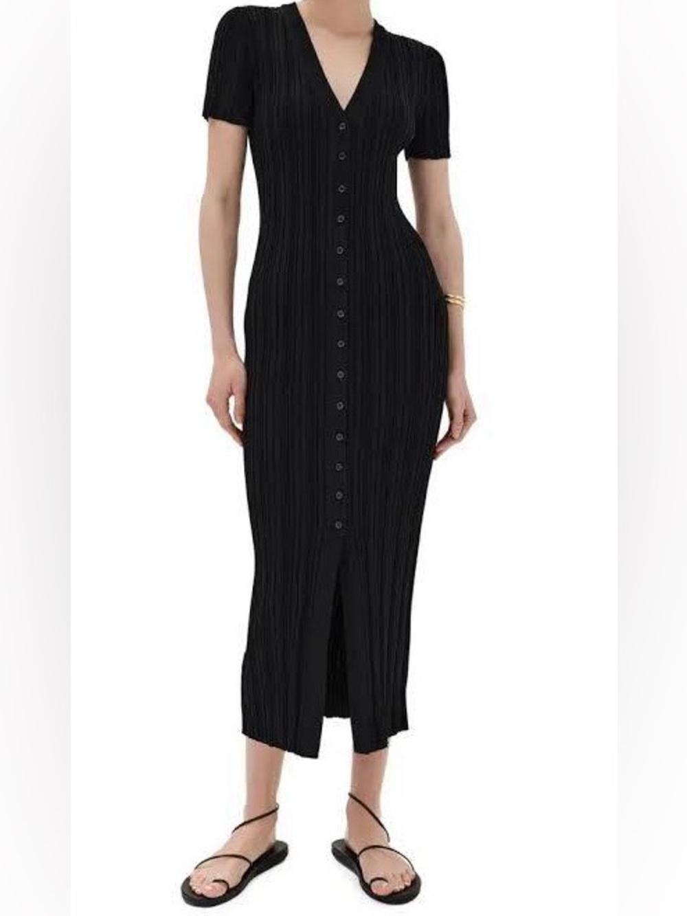 STAUD Amina Black Ribbed Knit Button Front Midi Dress Size M